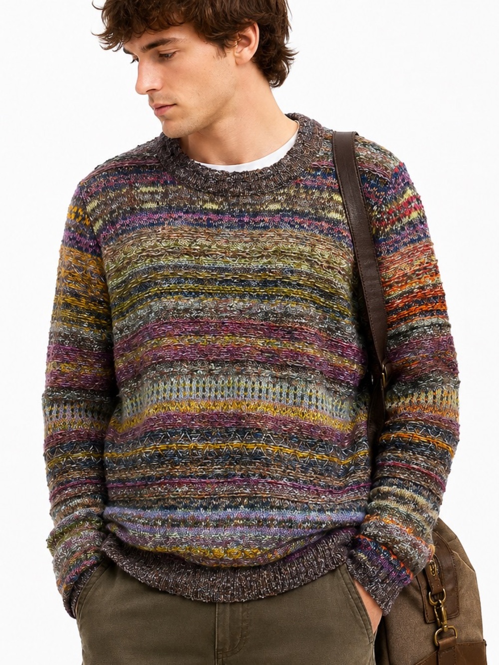 Orvis Mens multicoloured Crewneck Sweater Textured Knit Wool Blend Y2K earthy